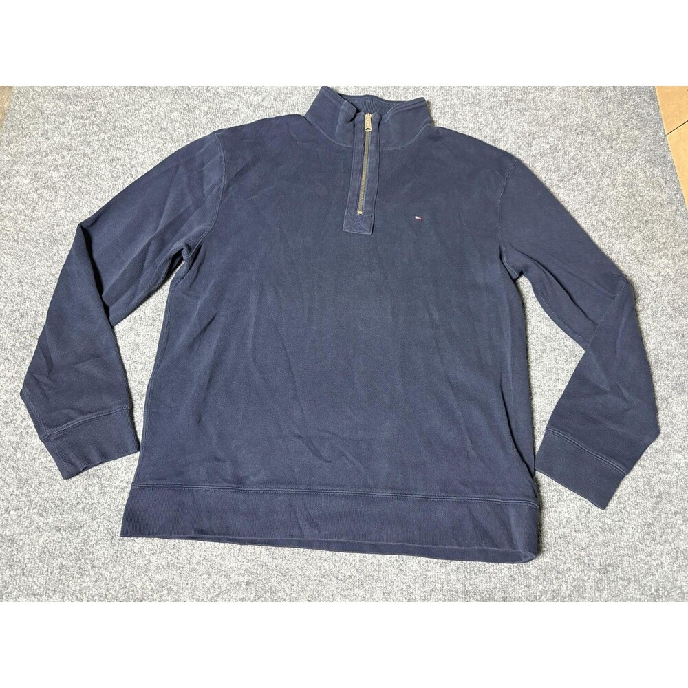 Tommy Hilfiger Sweater Mens XL Blue 1/4 Zip Mock Neck Cotton Knit Pullover Logo